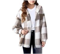 Flodxo Veste polaire pour filles et garçons - Manteau d'hiver chaud à carreaux - Sweat à capuche surdimensionné avec fermeture éclair - Léger et confortable - Couverture douce, kaki, 12-13 ans