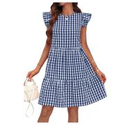 Floerns Robe courte vichy à volants pour femme - Manches courtes - Robe trapèze de vacances, bleu/blanc, Taille L