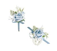 Floinla Ensemble de Corsage et boutonnière Bleu Clair pour Mariage, Bal de Fin d'année, Rose Artificielle, Bracelet de Corsage pour Homme, décoration de Costume de Mariage