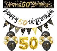 Flomiara Kit de 14 décorations pour 50e anniversaire - Fournitures de fête d'anniversaire avec sangles - Bannière de 32,3 m - Drapeaux triangulaires - 15,8 m - Film aluminium - Confettis - Ballons en