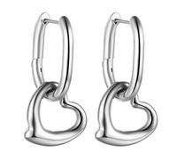 Flonge Boucles d'oreilles créoles en forme de cœur : boucles d'oreilles pendantes en forme de trombone avec breloque en forme de cœur, Acier inoxydable