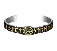 Flonge Bracelet rune pour homme : bracelet viking en acier inoxydable noir avec emblème runique doré mystérieux nordique, cadeau pour homme