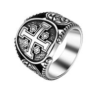 Flonge Chevalière croix de Jérusalem pour homme : chevalière religieuse en acier inoxydable vintage amulette chrétienne cadeau, 11(V1/2), Métal