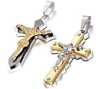 Flongo 2 Pièces Acier Inoxydable Collier Pendentif Croix Jésus Bijoux Cadeau Couleur Noir Or Argent pour Homme