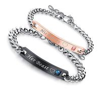 Flongo 2Pcs Bracelet Her Beast & His Beauty Acier Inoxydable Chaîne de Main Couple Amoureux Gourmette Couleur Noir Argent Rose Or pour Femme et Homme