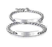 Flongo 2PCS Bracelets Acier Inoxydable Gravé His Beauty & Her Beast Composés Zircon Chaînes de Main Couples Amoureux Femme Homme Goumettes Couleur Argent Cadeau Romantique Saint Valentin Mariage