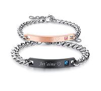 Flongo 2PCS Bracelets Acier Inoxydable Je T’Aime Chaînes de Main Composés Zircon pour Couples Amoureux Femme Homme Or Rose&Noir Cadeaux Noël Saint Valentin Mariage