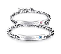 Flongo 2PCS Bracelets Acier Inoxydable Je T’Aime Chaînes de Main Composés Zircon pour Couples Amoureux Femme Homme Or Rose&Noir Cadeaux Saint Valentin Mariage