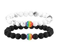Flongo 2PCS Bracelets Perles Pierre pour Femme Homme Couples Amoureux Bracelet Rétro Bohême Blanc/Noir/Arc en Ciel pour Homo Gays Lesbiennes Fantasie Cadeaux Anniversaire Fête LGBT Gay Pride