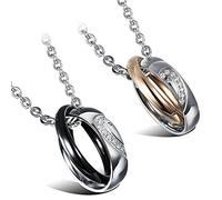 Flongo 2pcs Collier Pendentif Acier Inoxydable Coeur Bagues Entrelacé Couple Amour Valentin Chaîne 45cm/50cm Fantaisie Bijoux Cadeau Couleur Argent Noir Or pour Femme Homme