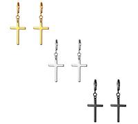 Flongo 3 Paires Boucles d’Oreilles avec Croix pour Femme Homme Couleur Argent/Or/Noir Boucles d’Oreilles Piercing en Acier Inoxydable Style Simple Classique