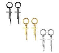 Flongo 3 Paires Boucles d'Oreilles Non-Percées Classiques pour Femme Homme, Boucles d'Oreilles Clips Rond Frangé Croix Acier Inoxydable Poli Fantaisie Bijoux pour Anniversaire Noël Saint-Valentin