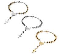 Flongo 3PCs Bracelets Classique Croix Pendentif Chrétien Catholique Coeur Bible Prière Perle Acier Inoxydable Argent Or Noir Fantaisie Bijoux pour Femme et Homme