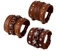 Flongo 3pcs Bracelets de Force Homme Cuir,Bracelet Manchette Large Style Punk Gothique Rock avec Rivet et Bouton,Bracelet Tête de Mort Motard Biker,Cadeau Homme,Brun