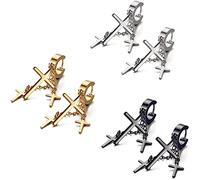 Flongo 6pcs Boucle d'oreille Acier Inoxydable Clou d'oreille Trois Croix Pendentif Chaîne Punk Rock Fantaisie Bijoux Cadeau Couleur Argent Noir Or pour Femme Homme