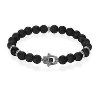 Flongo 8mm Bracelet Pierre Main de Fatima Pierre Naturelle Noir Perle Symbole Fortune Prière Elastique Bijoux Cadeau pour Femme et Homme