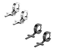 Flongo Acier Inoxydable 2 Paire Clou d'oreille Boucle d'Oreille Clou d'Oreille Noir Argent Ronde Croix Pendentif Rétro Homme Femme