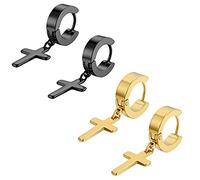 Flongo Acier Inoxydable 2 Paire Clou d'oreille Boucle d'Oreille Clou d'Oreille Noir Doré Ronde Croix Pendentif Rétro Homme Femme