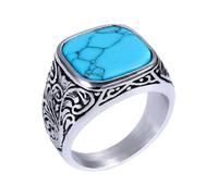 Flongo Bague Chevalière Turquoise Homme : Bague Carrée Motard Acier Inoxydable - Style Vintage - Bague Western Chunky Seal Ring - Cadeau Fête des Pères - Taille 8, 10, Acier inoxydable Acier