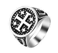 Flongo Bague Croix Jérusalem pour homme : chevalière en acier inoxydable au style vintage religieux bijoux talisman bijoux pour baptême mariage cadeau chrétien pour catholique orthodoxe juif taille 62