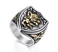 Flongo Bague en Acier Inoxydable Punk Rock Hip Hop pour Homme Biker Alliance Motif Lion Bouclier Couleur Or&Argent