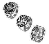 Flongo Bague Homme Acier Inoxydable: Ensemble de 3 Bagues Chevalières Vikings Noeud Celtique Arbre de Vie Runes Norvégiennes Montard Biker - Cadeau Anniversaire Fête des Pères