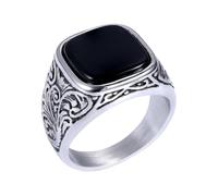 Flongo Bague Homme Carrée en Onyx Noir: Bague Chevalière en Acier Inoxydable Style Vintage Classique Biker Motard -Cadeaux de Noël,Obsidienne,Taille 62