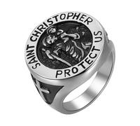 Flongo Bague Saint Christophe en acier inoxydable pour homme - Bague de protection chrétienne avec médaille de Saint Christophe - Bijoux religieux pour hommes voyageurs et croyants en argent - Taille