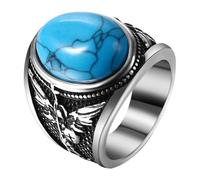 Flongo Bague Saint Michael Archange pour homme : chevalière en acier inoxydable avec bouclier turquoise médaillon ange gardien catholique bijoux religieux cadeau pour croyants