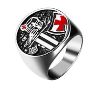 Flongo Bague Sceau Templier pour Homme : Croix Médaille Acier Inoxydable Bouclier de Protection Bague Chevalière avec Archange Michael Amulette Croisé Bijoux Cadeau Religieux pour Catholique, Acier