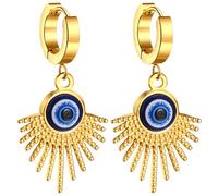 Flongo Boucle d'Oreille Acier Inoxydable: Boucle d'Oreille Créoles Femme Doré Mauvais œil avec Pendentif Bombe Etoile Fantaisie - Cadeau Femme Anniversaire