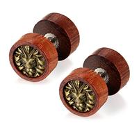 Flongo Boucles d’Oreilles Acier Inoxydable Bois Rétro Lion Tête Fantaisie Clous d’Oreilles Couleur Marron pour Homme Femme