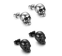 Flongo Boucles d’Oreilles pour Homme Femme Biker, 2 Paires Clous d’Oreilles Puces Crâne Tête de Mort Unique Punk Rock Hip Hop Couleur Argent Noir Bijoux Fantaisie Cadeaux Anniversaires Halloween