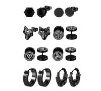 Flongo Boucles d'oreilles tête de loup viking pour hommes : 8 paires de boucles d'oreilles celtiques en acier inoxydable vintage huggie créoles boucles d'oreilles runes nordiques faux plugs noirs