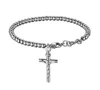 Flongo Bracelet Chapelet Chaîne Boule en Acier Inoxydable Argent avec Jésus Christ Crucifix Croix Médaille Médaillon pour Homme Femme