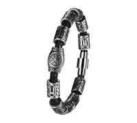 Flongo Bracelet Cuir Homme Viking: Bracelet en acier inoxydable avec Perles à Motif 3D Boussole et Runes Vikings Style Punk Moto Biker -Cadeaux de Noël