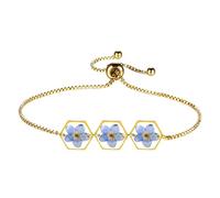 Flongo Bracelet de Fleurs Pressées Femme: Bracelet Ne m'Oublie Pas en Acier Inoxydable avec Fleurs de Colle Hexagonales-Cadeau anniversaire fête des mères