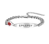 Flongo Bracelet d'identification médicale en forme de cœur pour femme : bracelet d'alerte médicale d'urgence avec chaîne réglable - Bijoux d'identification médicale en acier inoxydable pour épilepsie