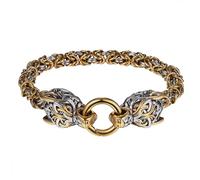 Flongo Bracelet Homme Acier Inoxydable:Bracelet Viking avec Double Tête de Loup Nordique et Chaîne Byzantine Bracelet Amulette Celtique Style Vintage Rock Gothique - Cadeau Homme Anniversaire