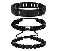 Flongo Bracelet Homme Croix Bible Josué: Lot de 3 Bracelet Chrétien inclure Obsidienne Perles,Corde, Acier Inoxydable Bijoux Religieux- Cadeaux de Pâques