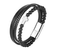 Flongo Bracelet Homme Cuir Perle: Bracelet Croix Chrétien Homme Cuir Tressé Multirang Perle avec Boucle à Loquet - Cadeau Homme Fête des Pères Anniversaire