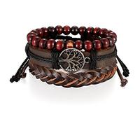 Flongo Bracelet Manchette Multi-Tours Tissage à la Main en Cuir Perles en Bois avec Totem Arbre de Vie pour Homme Femme