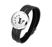 Flongo Bracelet Multi-Tours en Cuir Noir Motif Creux Rond Boîtier Diffuseur de Essence Essentiel et Parfum Fantaisie Bracelet Réglable pour Femme Anniversaire