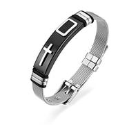 Flongo Bracelet pour homme avec croix, acier inoxydable, bracelet argenté noir, grand bracelet pour homme, bracelet original punk rock, 23,5 cm