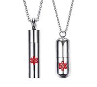 Flongo Capsule SOS Pendentif d'Urgence Chaîne Collier, Pendentif Chaîne Acier Inoxydable Argent Rouge Alerte Médicale ID SOS Urgence en cas d'Urgence Capsule d'Urgence