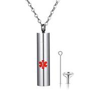 Flongo Capsule SOS Pendentif d'Urgence Chaîne Collier, Pendentif Chaîne Acier Inoxydable Argent Rouge Alerte Médicale ID SOS Urgence en cas d'Urgence Capsule d'Urgence, Acier inoxydable