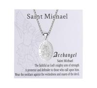 Flongo Collier Acier inoxydable Homme : Collier Pendentif Médaille Catholique Saint Michel Archange Ovale Vintage avec Chaîne Réglable d'Oreille de Blé Bijoux Religieux - Cadeau Anniversaire