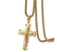 Flongo Collier Acier Inoxydable Pendantif Croix Jésus Christ Stéréoscopique Collier Classique Unique Couleur Argent/Or pour Homme Motard Cadeaux Anniversaires