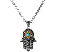 Flongo Collier Acier Inoxydable Pendentif Main de Fatima Etoile Hexagram Collier Rétro Religieux pour Femme Famille Homme Cadeaux Fantasie Prier Sain et sauf