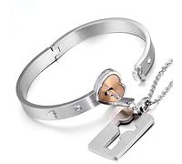 Flongo Collier Bracelet pour Femme Homme Amitié Couples Amoureux, Collier Pendentif Clé Gourmette Serrure en Forme Coeur Couleur Argent Doré Noir Fantaisie Cadeaux Saint Valentin Mariage